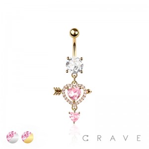 316L SURGICAL STEEL ARROW MULTI CZ HEART DANGLE BELLY BUTTON NAVEL RING 